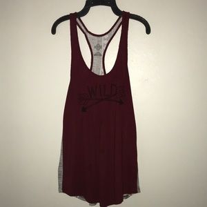 A burgundy tank top with print and pattern